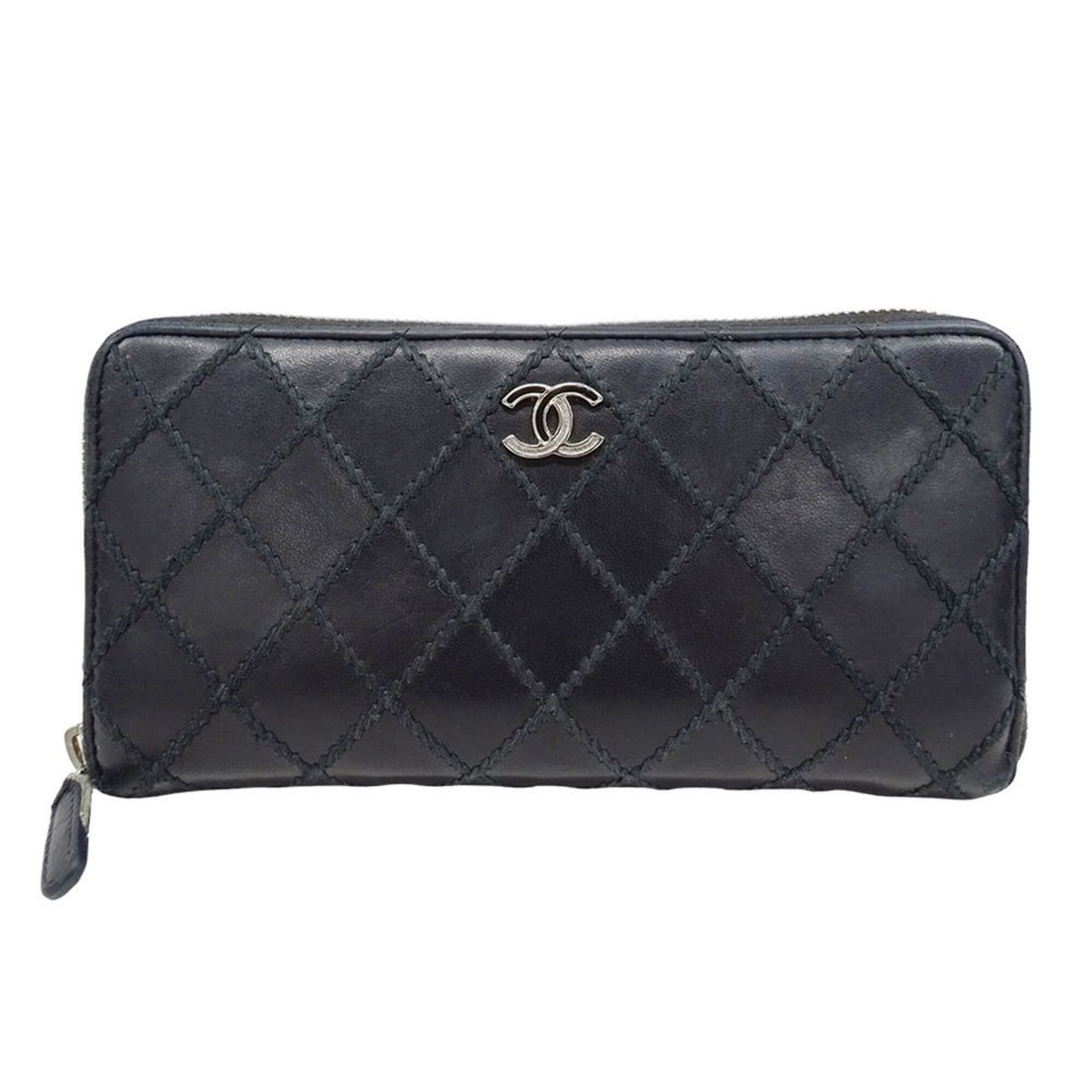 Chanel CHANEL Women's Wallet, Brand Name Long Wild Stitch Leather, Black, Silver Hardware, Round (1 of 19)