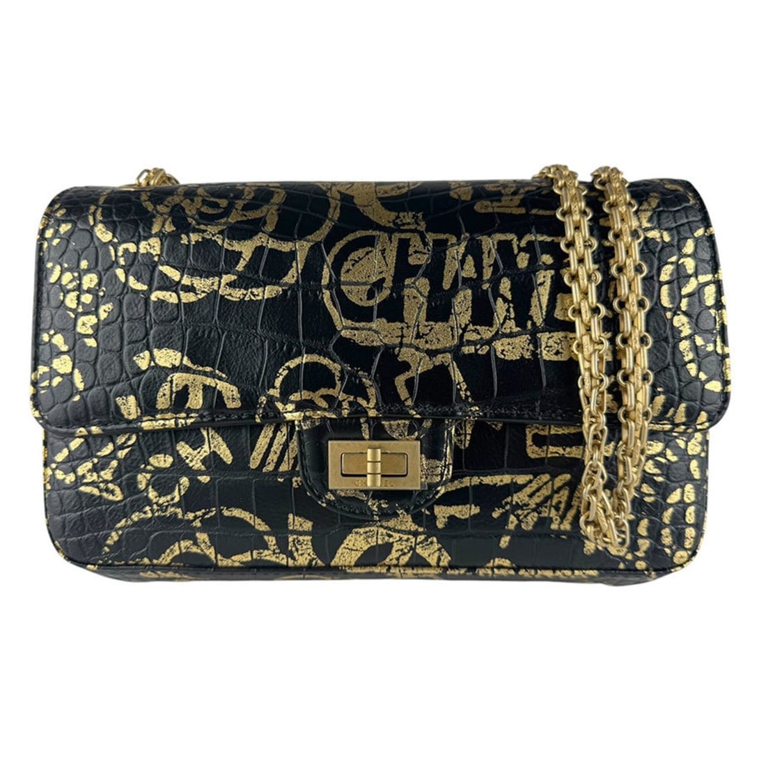 Chanel CHANEL Shoulder Bag 2.55 Embossed Leather Black Gold Women's z9780: --- Catalog ---Category: SizeSize (HxWxD): 16cm x 24cm x 8cm / 6.29'' x 9.44'' x 3.14''Category: DesignType: Shoulder bagColor: Black, GoldGender: WomenMaterial: Leather Leather/Fur Type: Embossed lea