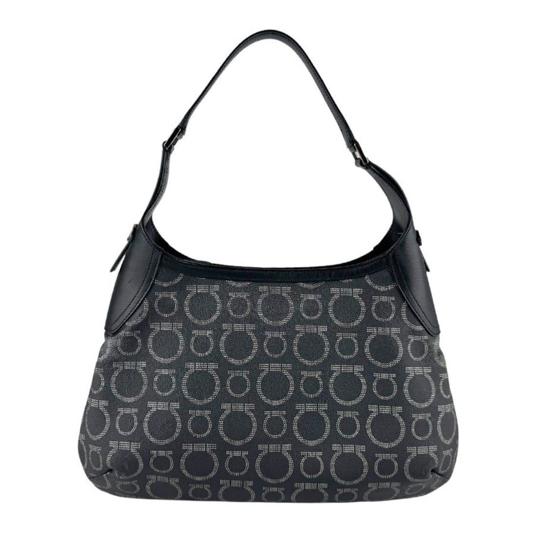 Salvatore Ferragamo shoulder bag, Gancini design, coated canvas and leather, black, women's, z9847: --- Catalog ---Category: SizeSize (HxWxD): 19cm x 34cm x 9cm / 7.48'' x 13.38'' x 3.54''Category: DesignType: Shoulder bagColor: BlackGender: WomenMaterial: Coated canvas , Leather Category: GeneralBr
