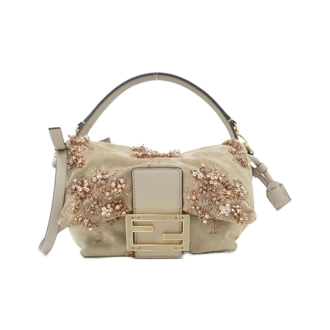 Fendi Mamma Baguette Small 8BS105 ATY1 Handbag: --- Catalog ---Category: SizeSize (HxWxD): 12cm x 22cm x 10cm / 4.72'' x 8.66'' x 3.93''Category: DesignType: HandbagColor: Beige, PinkGender: WomenMaterial: Suede , Spangles Hardware Color:
