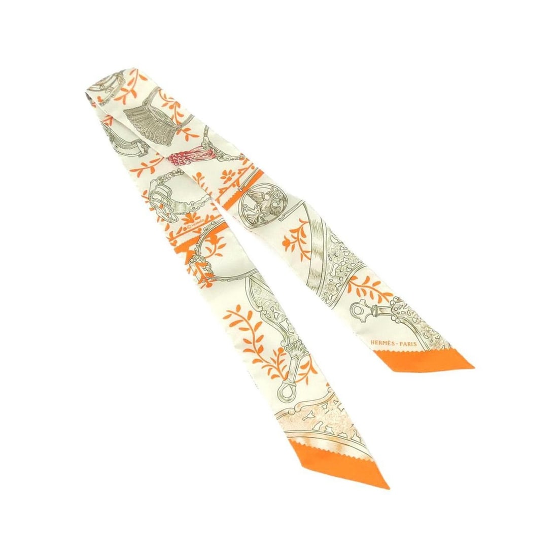 Hermes ETRIERS REMIX Twilly 063502S Scarf Muffler: --- Catalog ---Category: SizeSize (LxW): 5cm x 86cm / 1.96'' x 33.85''Category: DesignType: ScarfColor: Khaki, OrangeGender: WomenMaterial: Silk Category: GeneralMPN: 063502SBrand: Hermes--- Item