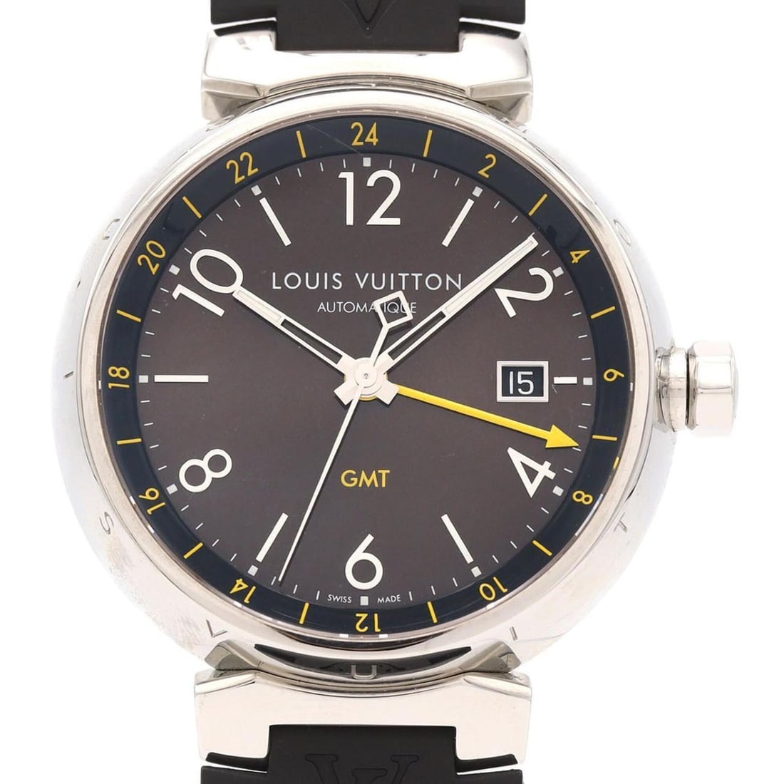 Louis Vuitton Tambour GMT Q1155 SS Automatic Watch: --- Catalog ---Category: SizeCase Diameter: 41.5mm / 1.63''Category: DesignType: WristwatchGender: MenColor (Dial): BrownMaterial (Band): RubberMaterial (Case): Stainless steelCategory: GeneralMPN:
