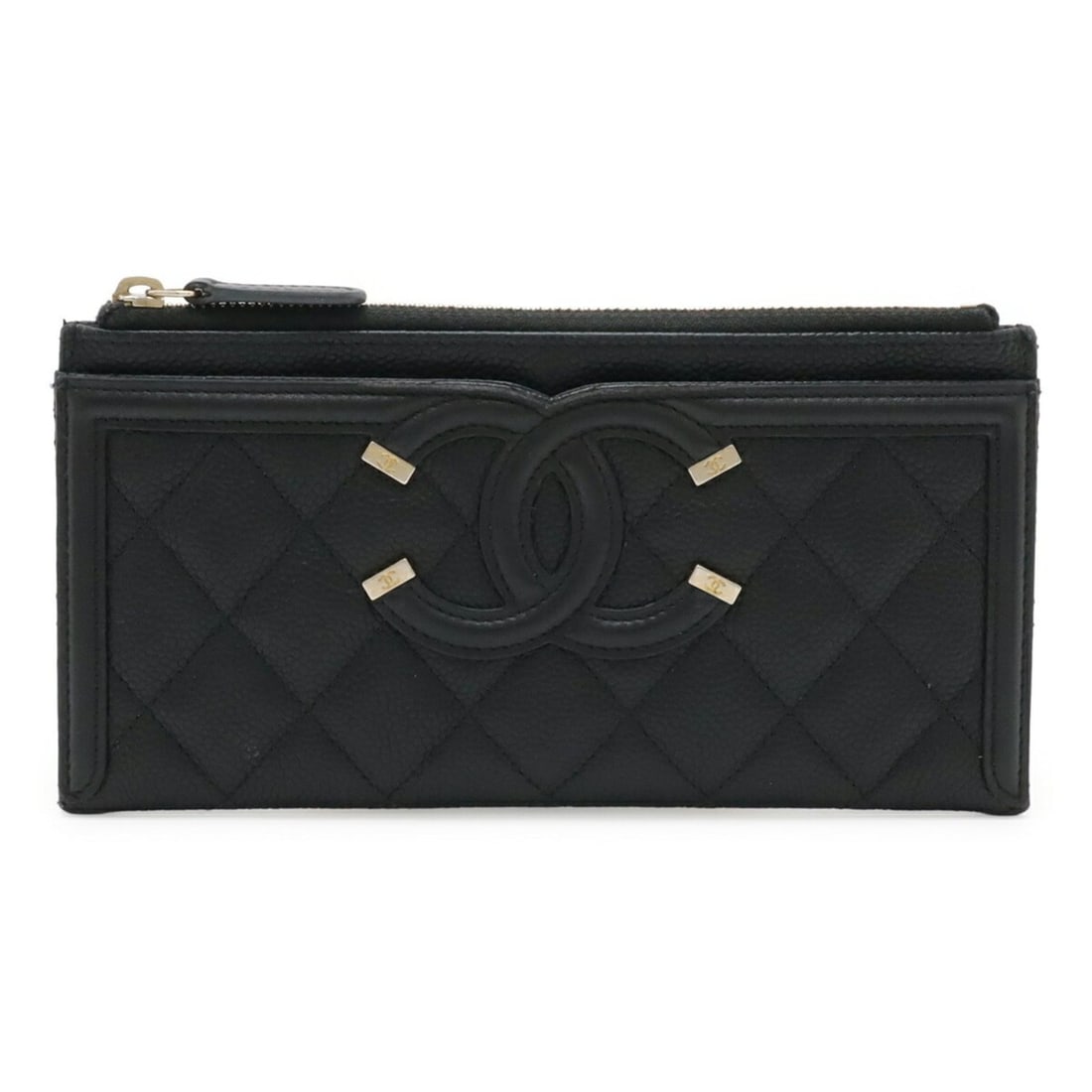 CHANEL CC Filigree Coco Mark Matelassé Long Wallet, Handbag, Pouch, Multi-case, Caviar Leather,: --- Catalog ---Category: SizeSize (HxWxD): 9.5cm x 19.5cm / 3.74'' x 7.67''Category: DesignType: Long wallet (bi-fold)Color: BlackGender: WomenMaterial: Grained Calfskin Category: GeneralBrand: Chanel