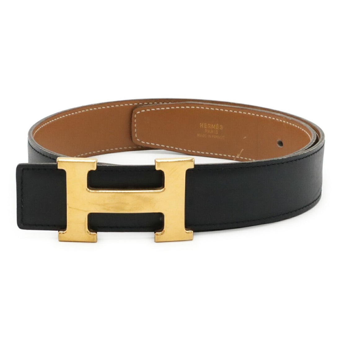 HERMES H-belt with H-buckle, reversible, box calf leather, black and light brown, #62, ?X stamp. (1 of 10)