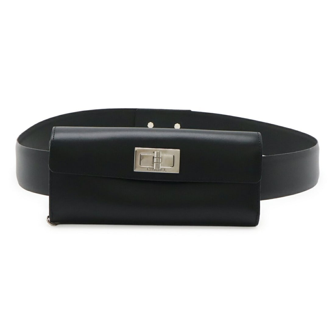 CHANEL 2.55 Belt Bag, Waist Bum Clutch Leather, Black, Chain Missing, #85: --- Catalog ---Category: SizeSize (HxWxD): 8cm x 18cm x 2.5cm / 3.14'' x 7.08'' x 0.98''Category: DesignType: Clutch bagColor: BlackGender: Women,MenMaterial: Leather Category: GeneralBrand: ChanelCou