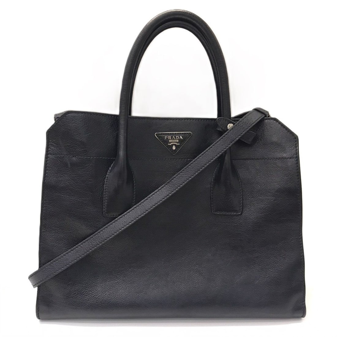 Prada Vitello Daino Leather Handbag Triangle Navy PRADA (1 of 17)