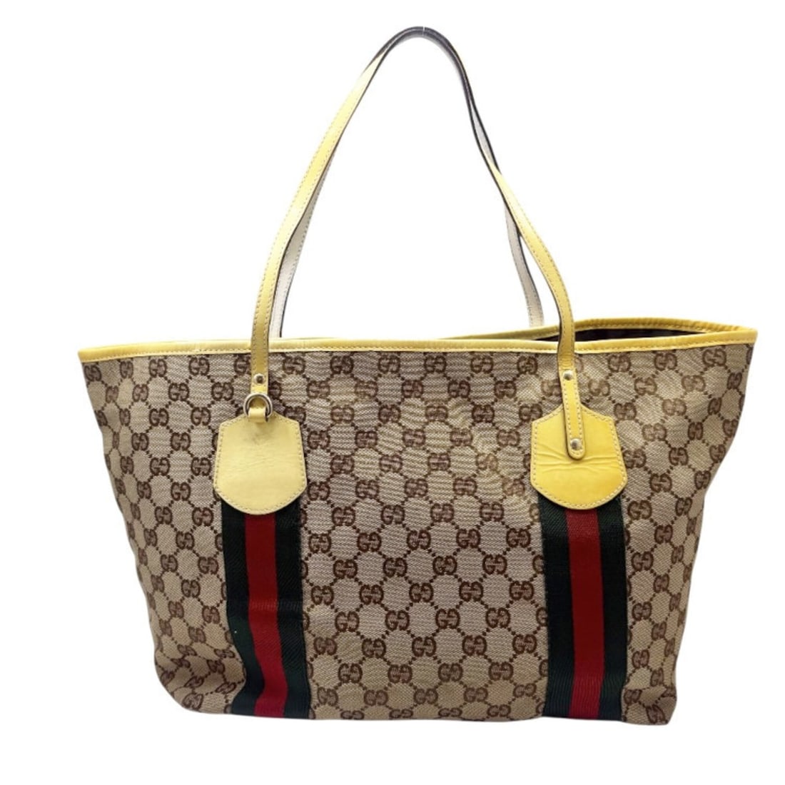 GUCCI Sherry Line Tote Bag GG Canvas Beige Yellow Jolie 211970 Patent Leather Women's Men's: --- Catalog ---Category: SizeSize (HxWxD): 26.5cm x 35cm x 18cm / 10.43'' x 13.77'' x 7.08''Category: DesignType: Tote bagColor: Beige, YellowGender: Men,WomenMaterial: GG canvas , Patent leather Cate