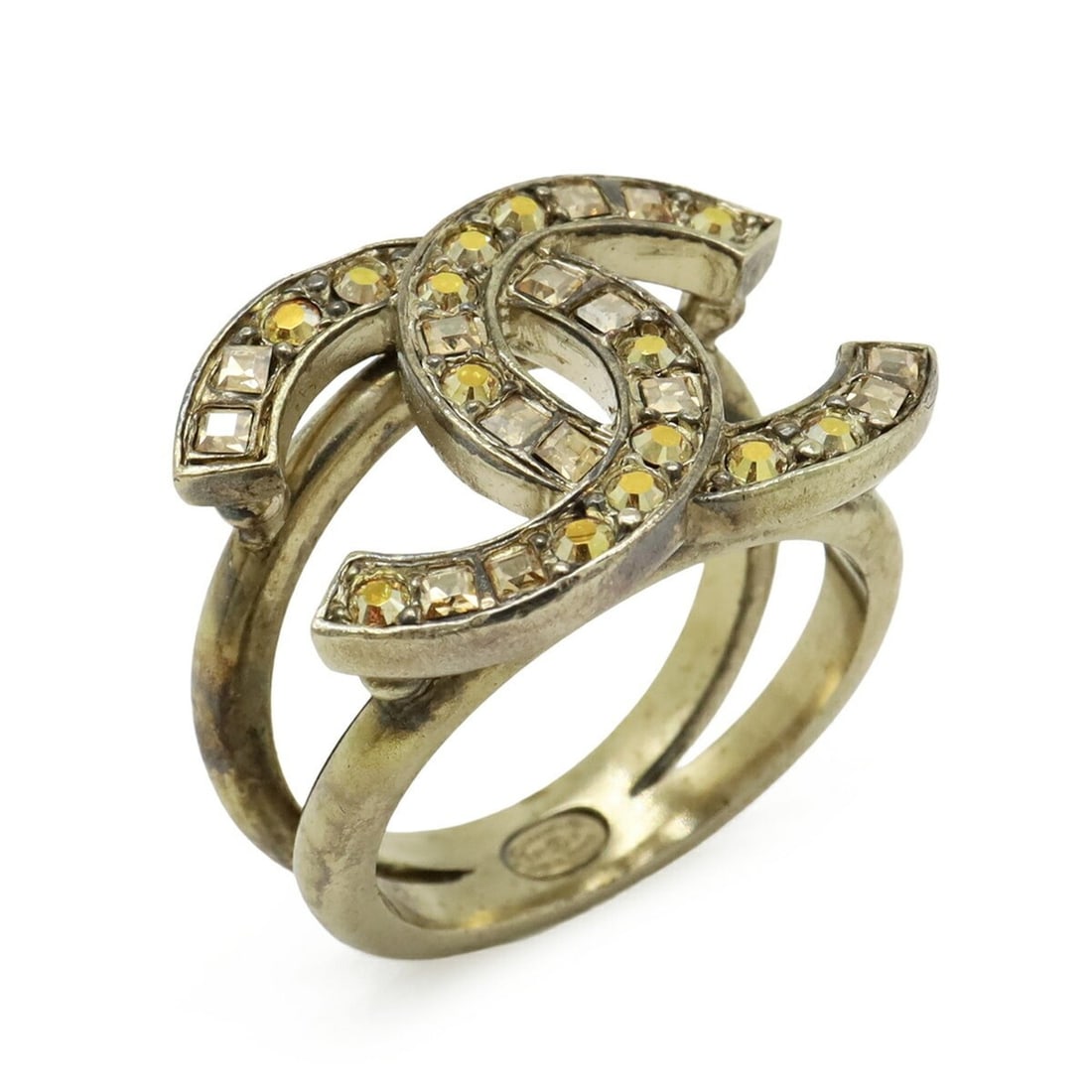 CHANEL Coco Mark Rhinestone Ring, GP Gold, Orange, Japanese Size Approx. 1 (C21S): --- Catalog ---Category: SizeJP Size: 12US Size: 6.5Category: DesignType: Band ringGender: Women,MenMaterial: Gold plating, RhinestoneCategory: GeneralBrand: ChanelCountry of Origin: France--- Item