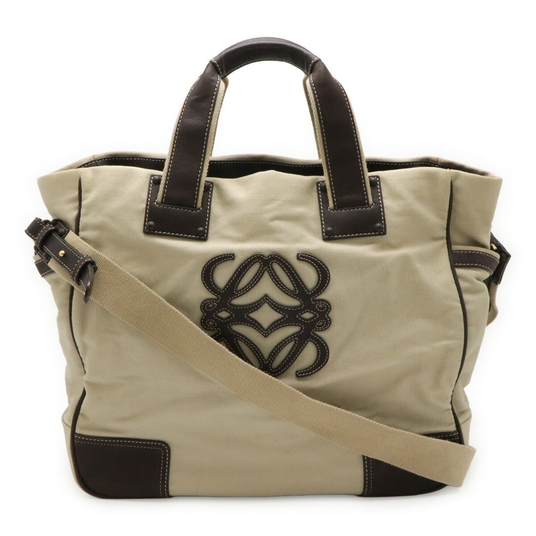 LOEWE Anagram Tote Bag, Handbag, Shoulder Canvas, Leather, Beige, Dark Brown: --- Catalog ---Category: SizeSize (HxWxD): 34cm x 38cm x 15cm / 13.38'' x 14.96'' x 5.9''Category: DesignType: Handbag, Shoulder bag, Tote bagColor: Beige, Dark brownGender: Men,WomenMaterial: Canvas