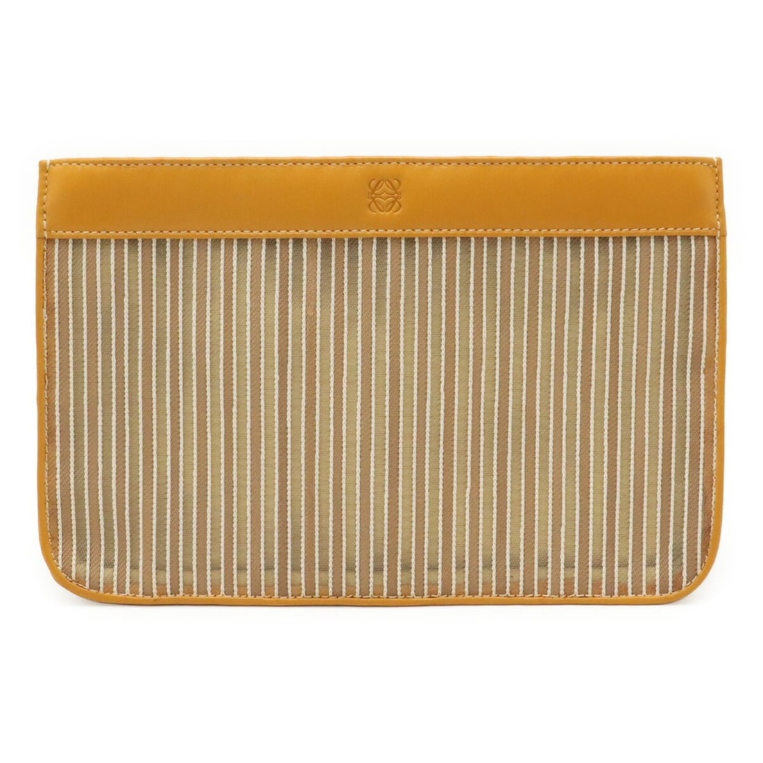LOEWE Anagram Handbag Pouch Clutch Bag Striped Mesh Leather Mustard: --- Catalog ---Category: SizeSize (HxWxD): 16.5cm x 25cm / 6.49'' x 9.84''Category: DesignType: Clutch bag, PouchColor: MustardGender: WomenMaterial: Mesh , Leather Category: GeneralBrand: Loewe---