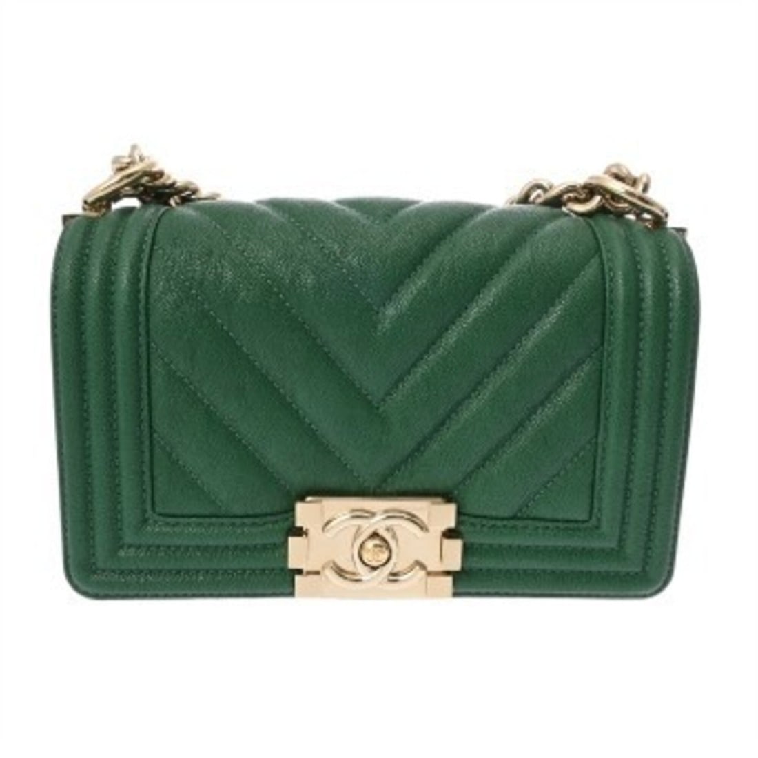 CHANEL Boy Chanel Chain Shoulder Bag 20cm V-stitch Green A67085 Women's Caviar Skin A Rank Used (1 of 17)
