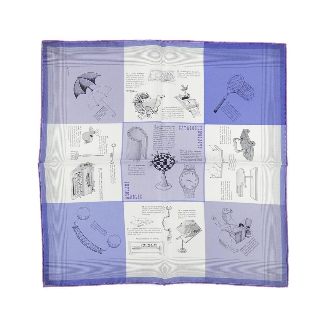 Hermes Hermès Gavroche Petit Scarf: --- Catalog ---Category: SizeSize (LxW): 45cm x 45cm / 17.71'' x 17.71''Category: DesignType: ScarfColor: Violet, WhiteGender: Men,WomenMaterial: Silk Category: GeneralBrand: Hermes--- Item List
