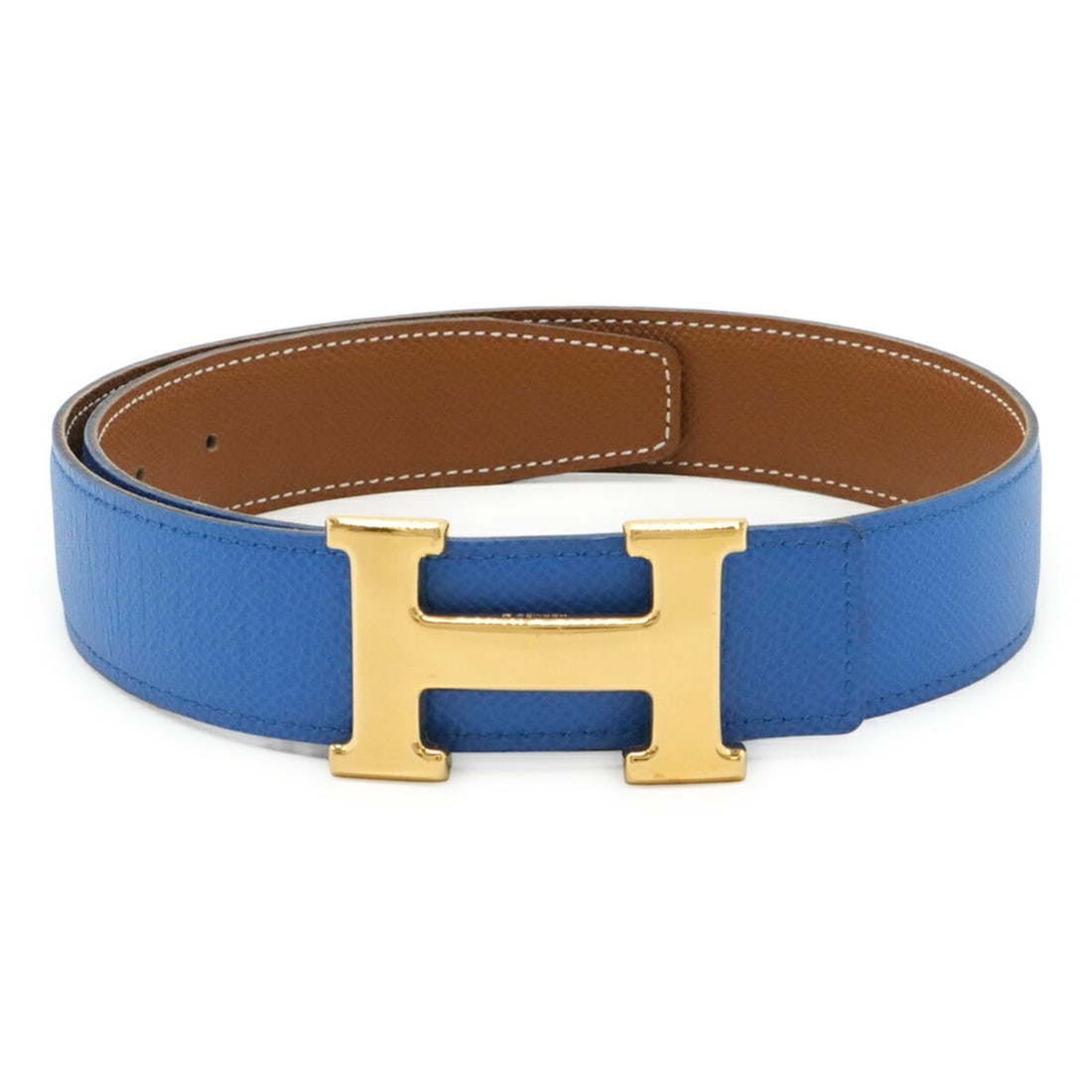 HERMES H-belt, reversible, Veau Epsom leather, blue, gold, light brown, #65, ?A stamp (1 of 11)