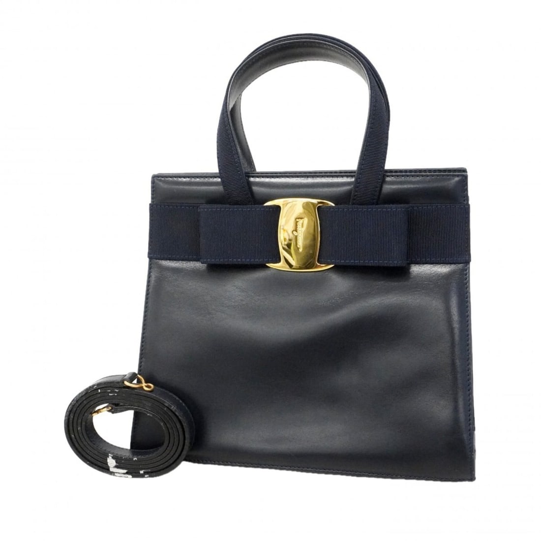 Salvatore Ferragamo Vara Leather Handbag, Navy, 2-way bag for women: --- Catalog ---Category: SizeSize (HxWxD): 21cm x 24.5cm x 9.5cm / 8.26'' x 9.64'' x 3.74''Category: DesignType: HandbagColor: NavyGender: WomenMaterial: Leather Hardware Color: GoldCategory: GeneralB