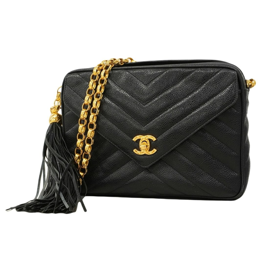 Chanel Shoulder Bag with V-Stitch Chain Strap, Caviar Leather, Black, Women's: --- Catalog ---Category: SizeSize (HxWxD): 17cm x 23cm x 6cm / 6.69'' x 9.05'' x 2.36''Category: DesignType: Shoulder bagColor: BlackGender: WomenMaterial: Grained Calfskin Hardware Color: GoldCategor