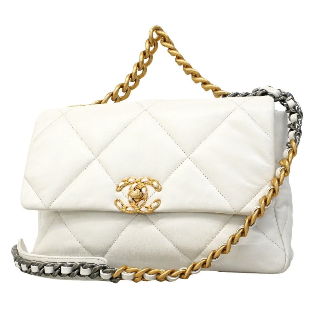 Chanel handbag, chain shoulder bag, 19, lambskin, white and gold, 2-way bag for women (1 of 15)