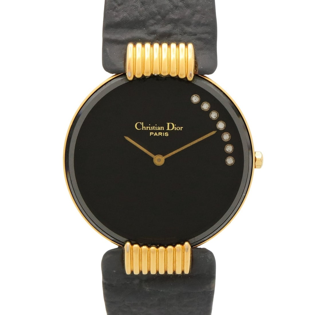 Christian Dior Dior Baghira Watch, Gold Plated (GP), Diamond, Leather Strap, Women's, Black,: --- Catalog ---Category: SizeWrist Size: 18.5cm / 7.28''Case Diameter: 30mm / 1.18''Category: DesignType: WristwatchGender: WomenColor (Dial): BlackMaterial (Band): LeatherMaterial (Case): Gold