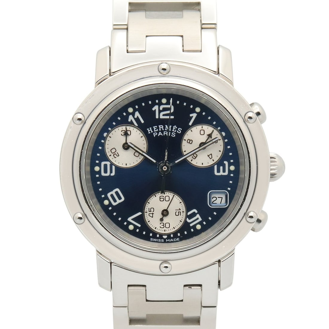Hermes Clipper Chrono Watch, Stainless Steel, Boys' Size, Blue, CL1.310: --- Catalog ---Category: SizeWrist Size: 16.5cm / 6.49''Case Diameter: 30.8mm / 1.21''Category: DesignType: WristwatchGender: WomenColor (Dial): BlueMaterial (Band): Stainless steelMaterial (Case): St