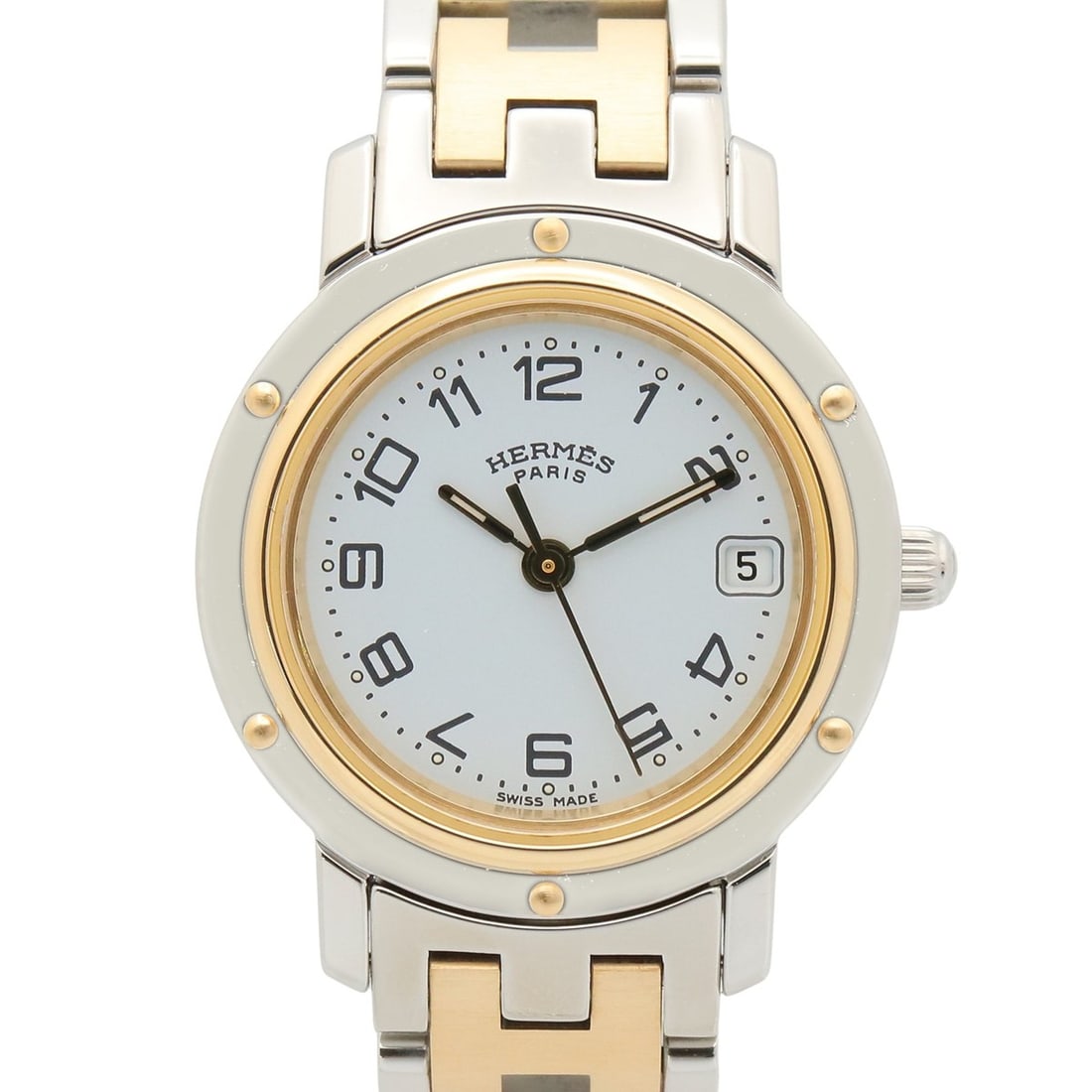 Hermes Clipper Watch, Gold Plated Stainless Steel, Women's, White, CL4.220: --- Catalog ---Category: SizeWrist Size: 14cm / 5.51''Case Diameter: 24mm / 0.94''Category: DesignType: WristwatchGender: WomenColor (Dial): WhiteMaterial (Band): Gold plated, Stainless steelMaterial 