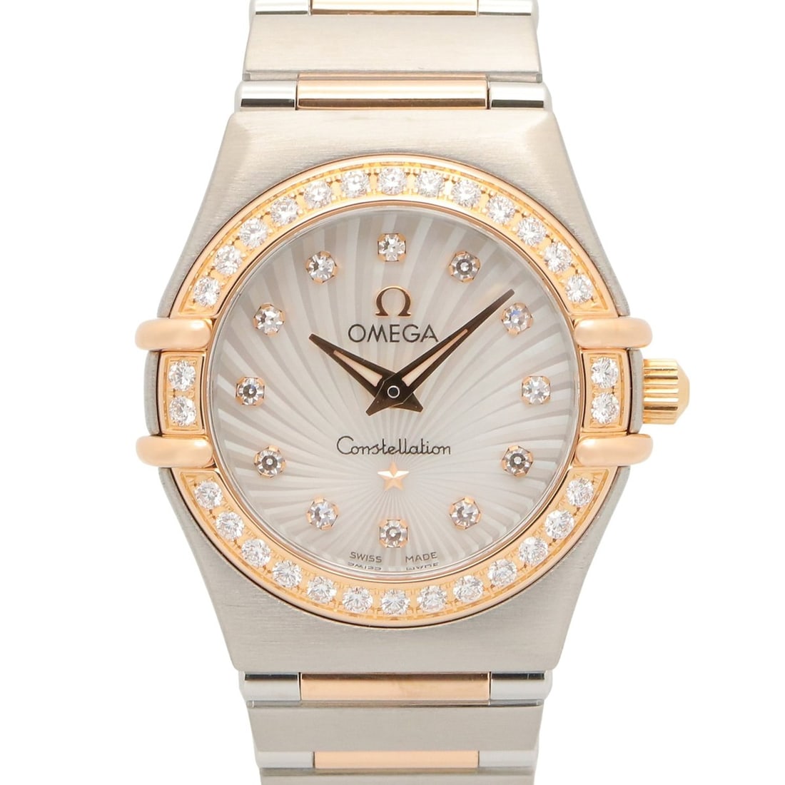 Omega Constellation Nimi 12P Diamond Bezel Watch, 18K Pink Gold (PG) Stainless Steel, Diamond,: --- Catalog ---Category: SizeWrist Size: 14cm / 5.51''Case Diameter: 25.5mm / 1''Category: DesignType: WristwatchGender: WomenColor (Dial): SilverMaterial (Band): Pink gold (18K), Stainless steelMater