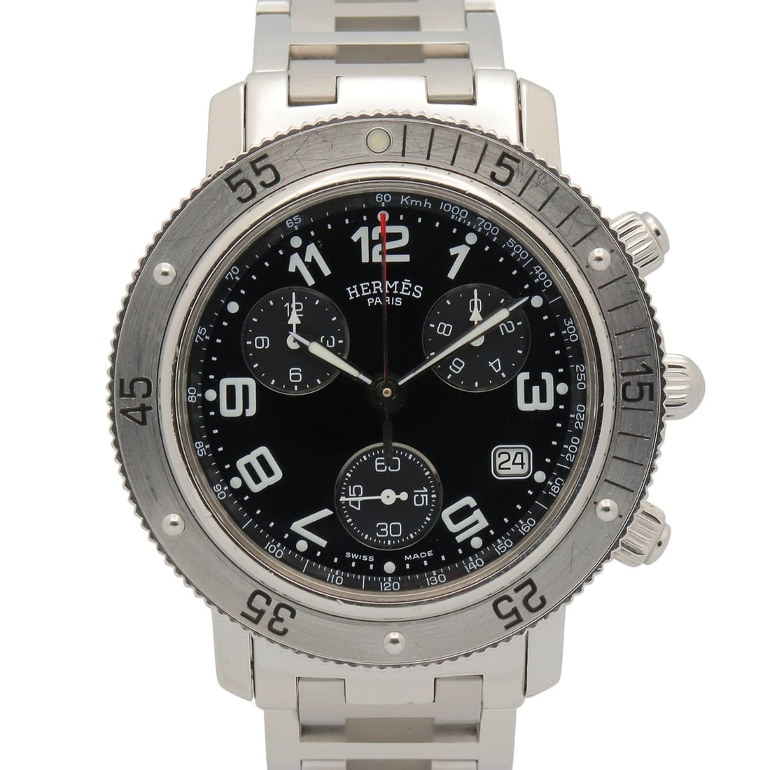 Hermes Clipper Diver Chrono Watch, Stainless Steel, Men's, Black, CL2.910: --- Catalog ---Category: SizeWrist Size: 15.5cm / 6.1''Case Diameter: 40mm / 1.57''Category: DesignType: WristwatchGender: MenColor (Dial): BlackMaterial (Band): Stainless steelMaterial (Case): Stainl