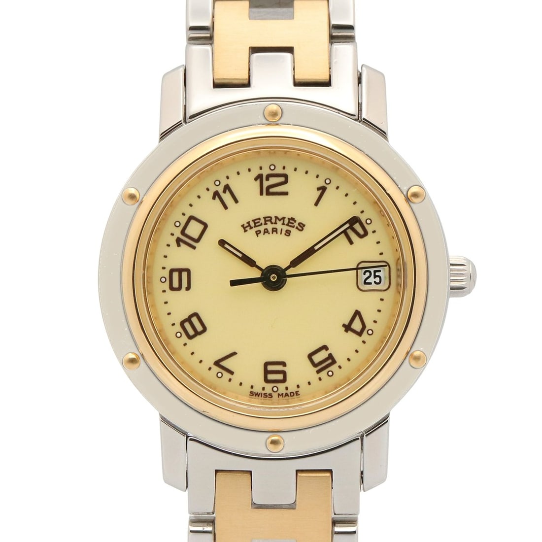Hermes Clipper Watch, Gold Plated Stainless Steel, Women's, Ivory, CL4.220: --- Catalog ---Category: SizeWrist Size: 16.5cm / 6.49''Case Diameter: 24mm / 0.94''Category: DesignType: WristwatchGender: WomenColor (Dial): IvoryMaterial (Band): Gold plated, Stainless steelMateria
