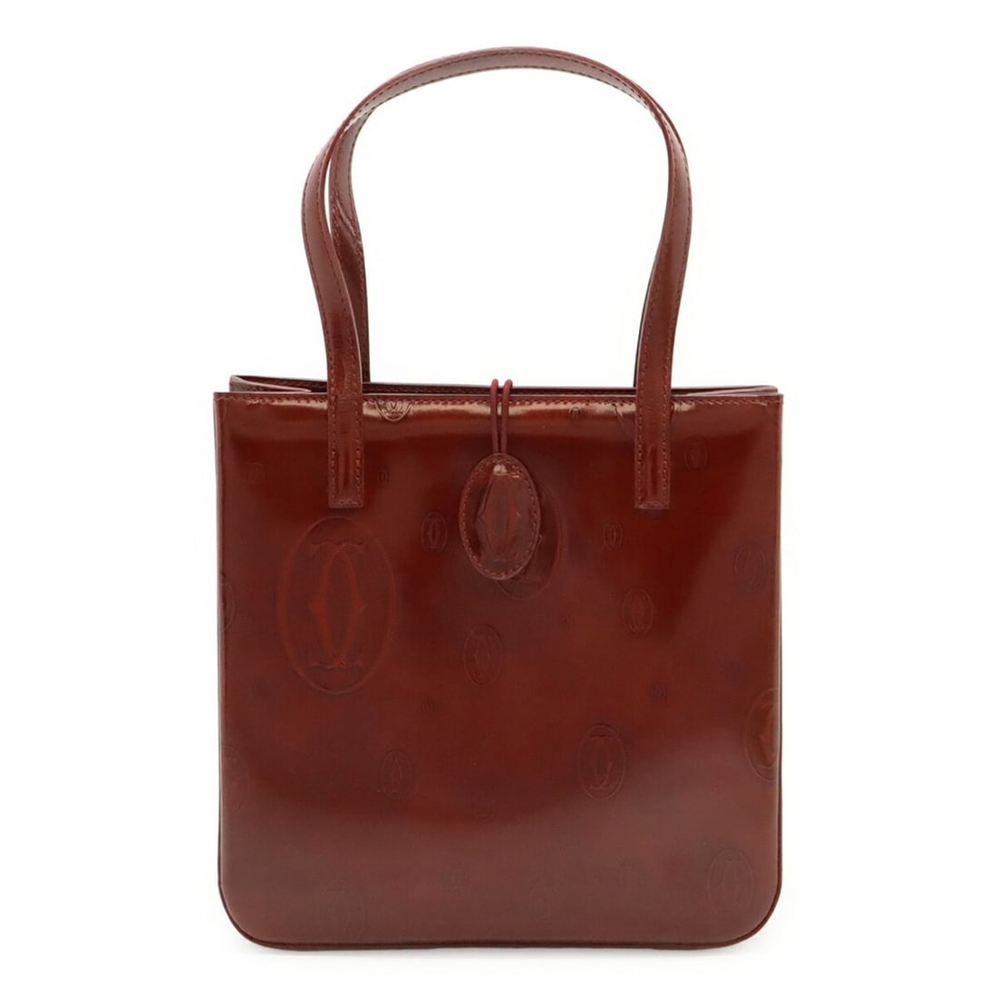 Cartier Happy Birthday Handbag/Tote Bag, Enamel/Patent Leather, Bordeaux, L1000547: --- Catalog ---Category: SizeWeight: 260g / 9.17oz.Size (HxWxD): 20cm x 20cm x 7cm / 7.87'' x 7.87'' x 2.75''Category: DesignType: Handbag, Tote bagColor: BordeauxGender: WomenMaterial: Leather