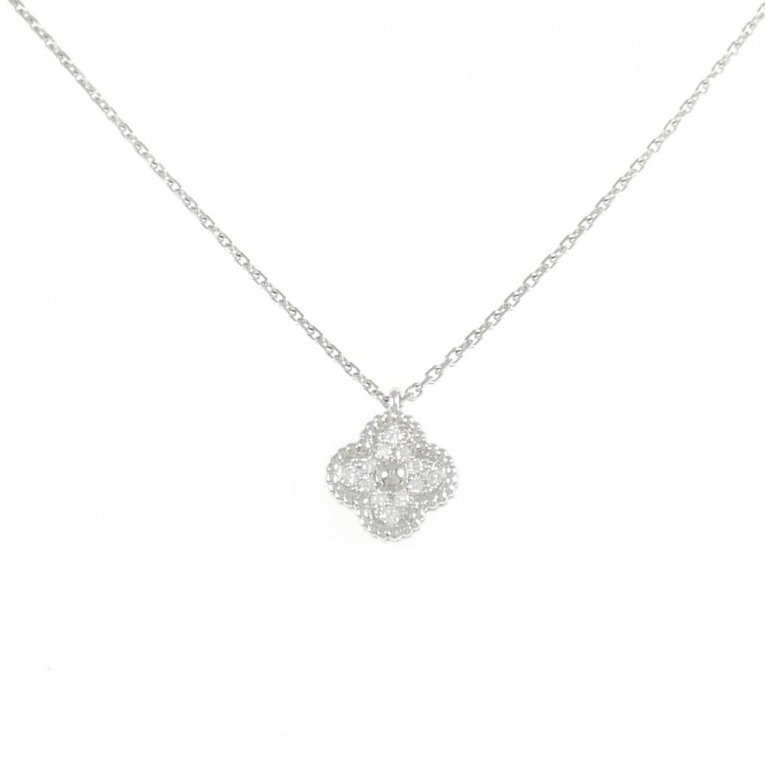 Van Cleef & Arpels Sweet Alhambra Necklace: --- Catalog ---Category: SizePendant Size: 11.2mm x 9.3mm / 0.44'' x 0.36''Neck Circumference: 38 cm - 40 cm / 14.96'' - 15.74''Category: DesignStone: DiamondGender: WomenMaterial: White gold