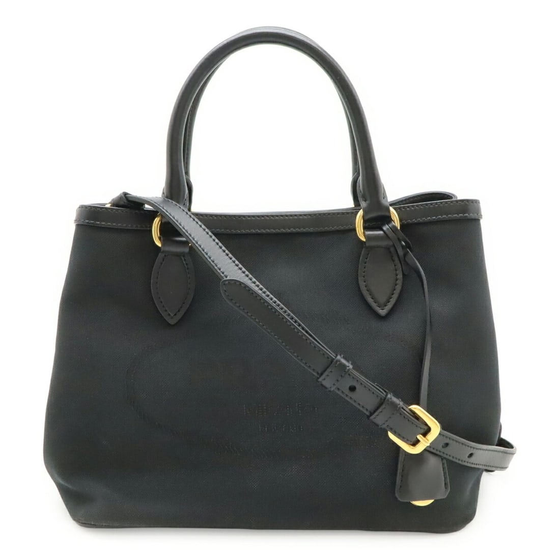 PRADA Jacquard Handbag Tote Shoulder Bag Canvas Leather NERO Black 1BA579: --- Catalog ---Category: SizeWeight: 580g / 1.27lb.Size (HxWxD): 20.5cm x 25cm x 15cm / 8.07'' x 9.84'' x 5.9''Strap Length: 113cm / 44.48''Category: DesignType: Handbag, Shoulder bagColor: Black, Ner
