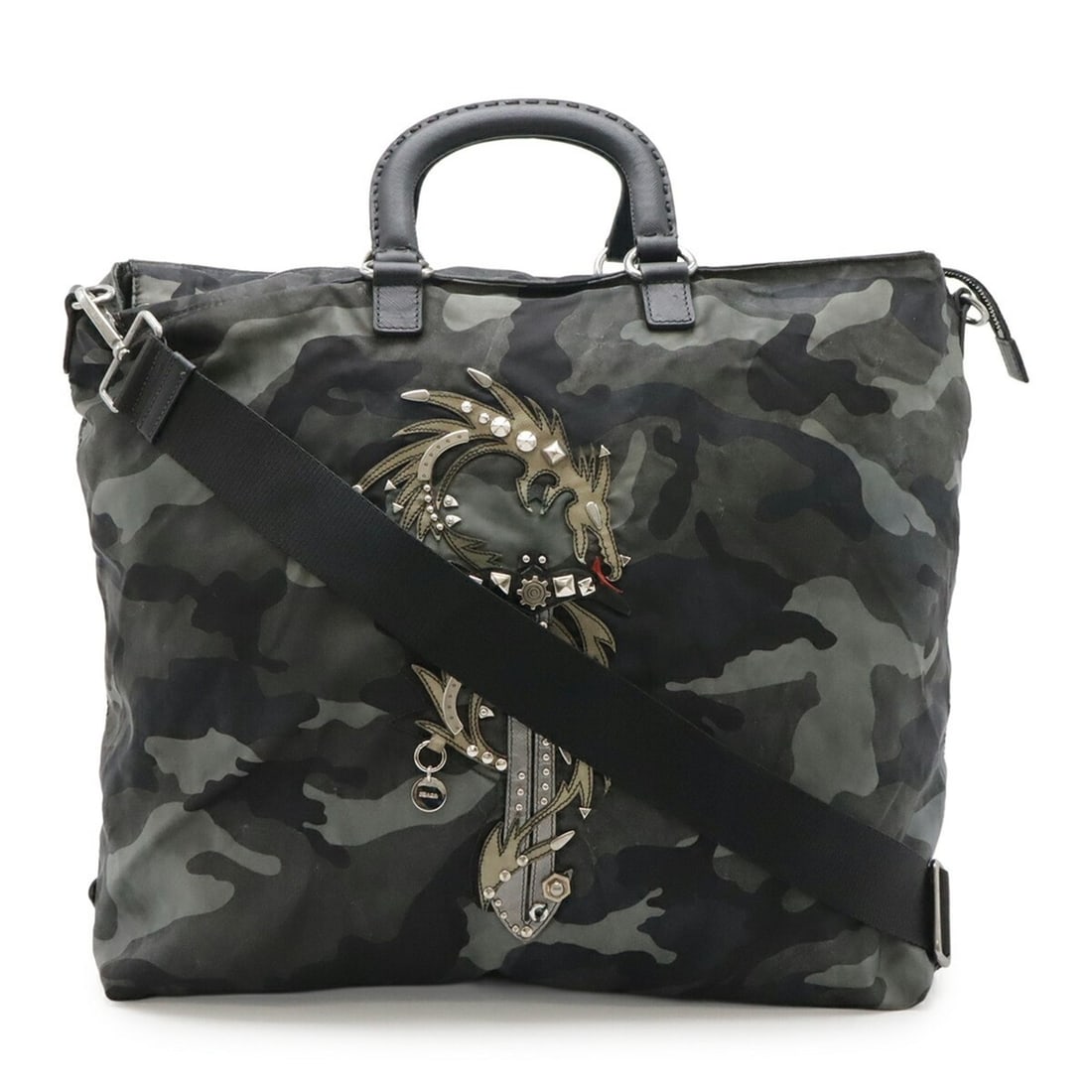 PRADA Tote Bag, Large Tote, Shoulder Dragon, Camouflage Pattern, Nylon, FUMO Green Multicolor VA889: --- Catalog ---Category: SizeSize (HxWxD): 34.5cm x 39.5cm x 15cm / 13.58'' x 15.55'' x 5.9''Category: DesignType: Shoulder bag, Tote bagColor: Black, Camouflage, Green, Multi-colorGender: MenMaterial