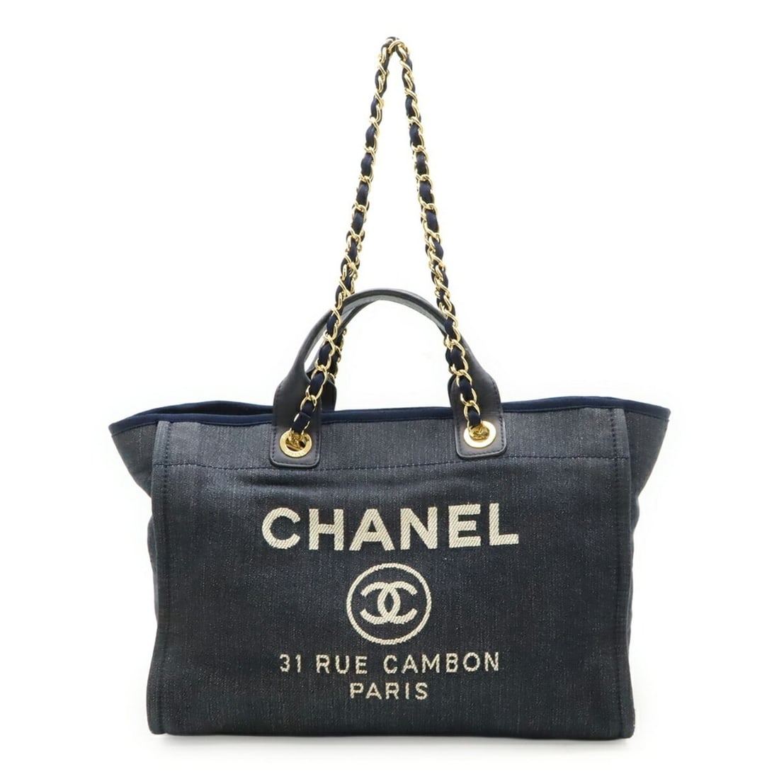 CHANEL Deauville Tote MM Medium Bag Shoulder Chain Denim Navy A67001: --- Catalog ---Category: SizeSize (HxWxD): 30cm x 36.5cm x 18cm / 11.81'' x 14.37'' x 7.08''Category: DesignType: Shoulder bag, Tote bagColor: NavyGender: WomenMaterial: Denim , Leather Category: