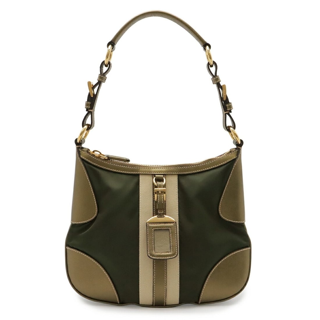 PRADA Triangle Plate Line Shoulder Bag, Nylon, Green and Gold: --- Catalog ---Category: SizeSize (HxWxD): 22cm x 30cm x 2cm / 8.66'' x 11.81'' x 0.78''Category: DesignType: Shoulder bagColor: GreenGender: WomenMaterial: Nylon Outer Pocket: Zipper pocket Category: