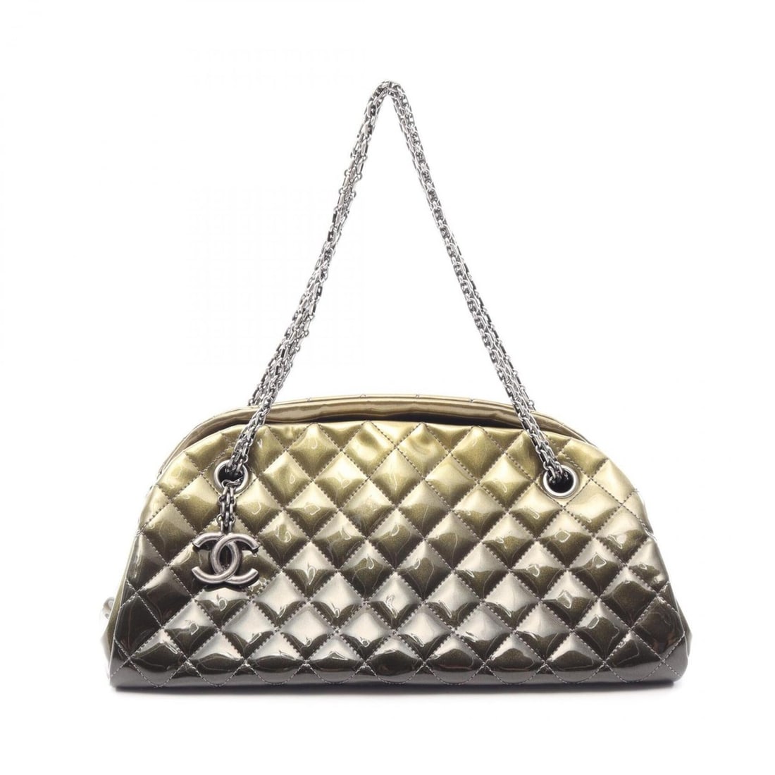 Chanel Mademoiselle Bowling Bag Shoulder Handbag Patent Leather Women's Khaki: --- Catalog ---Category: SizeSize (HxWxD): 15cm x 33cm x 15cm / 5.9'' x 12.99'' x 5.9''Category: DesignType: Handbag, Shoulder bagColor: KhakiGender: WomenMaterial: Patent leather Category: GeneralBra