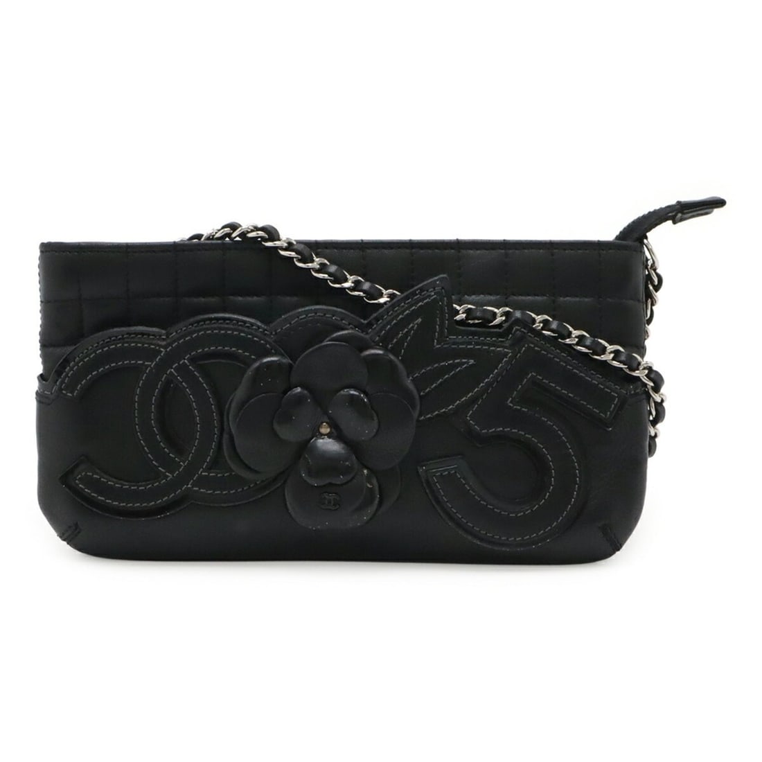 CHANEL Chocolate Bar Camellia No. 5 Coco Mark Chain Shoulder Bag - Leather, Black: --- Catalog ---Category: SizeSize (HxWxD): 11.5cm x 22cm / 4.52'' x 8.66''Category: DesignType: Shoulder bagColor: BlackGender: WomenMaterial: Leather Category: GeneralBrand: Chanel--- Item List ---Se