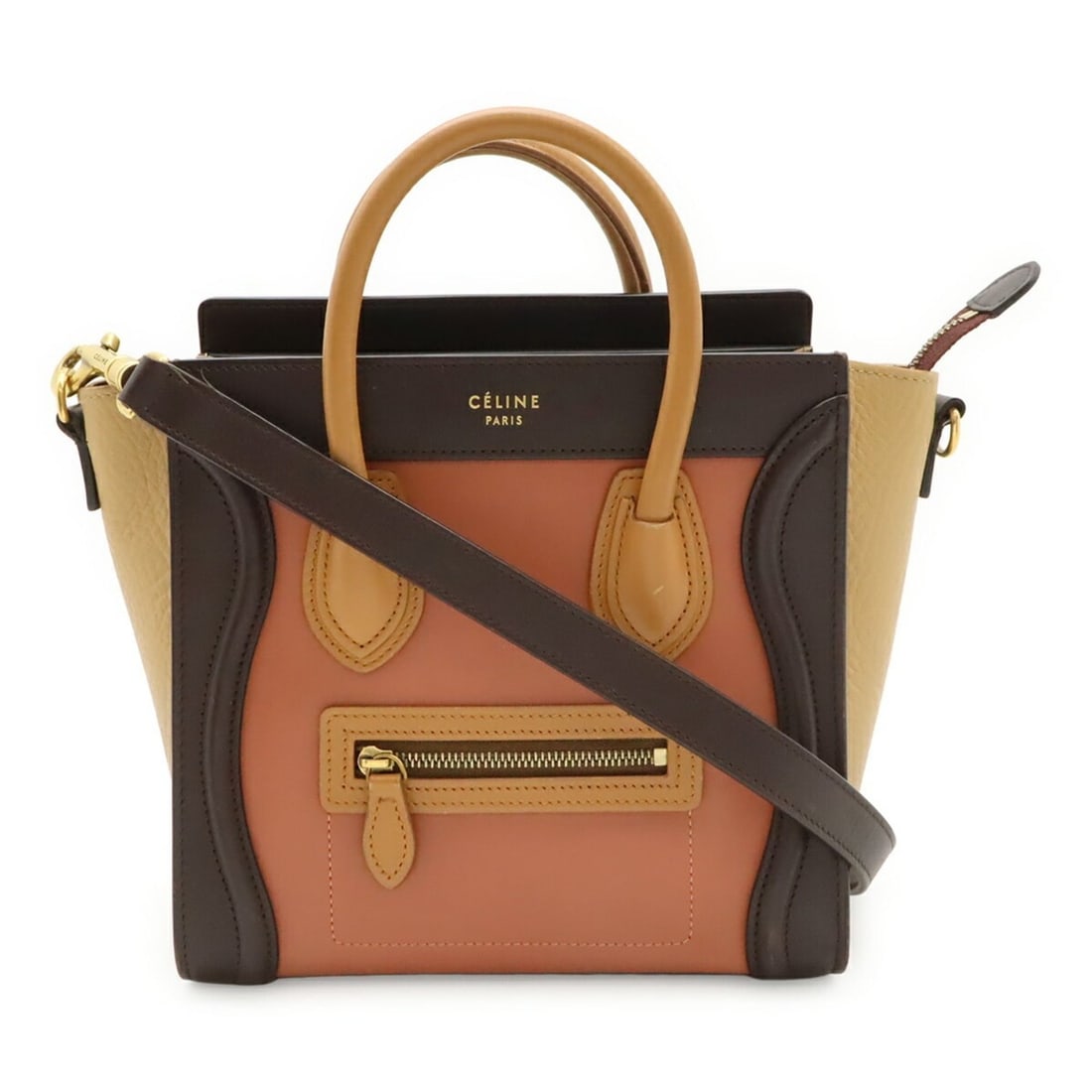 CELINE Luggage Nano Shopper Handbag/Shoulder Bag, Leather, Beige, Brown, Pink, 168243: --- Catalog ---Category: SizeWeight: 630g / 1.38lb.Size (HxWxD): 19.5cm x 28cm x 9.5cm / 7.67'' x 11.02'' x 3.74''Strap Length: 121cm / 47.63''Category: DesignType: Handbag, Shoulder bagColor: Beige b