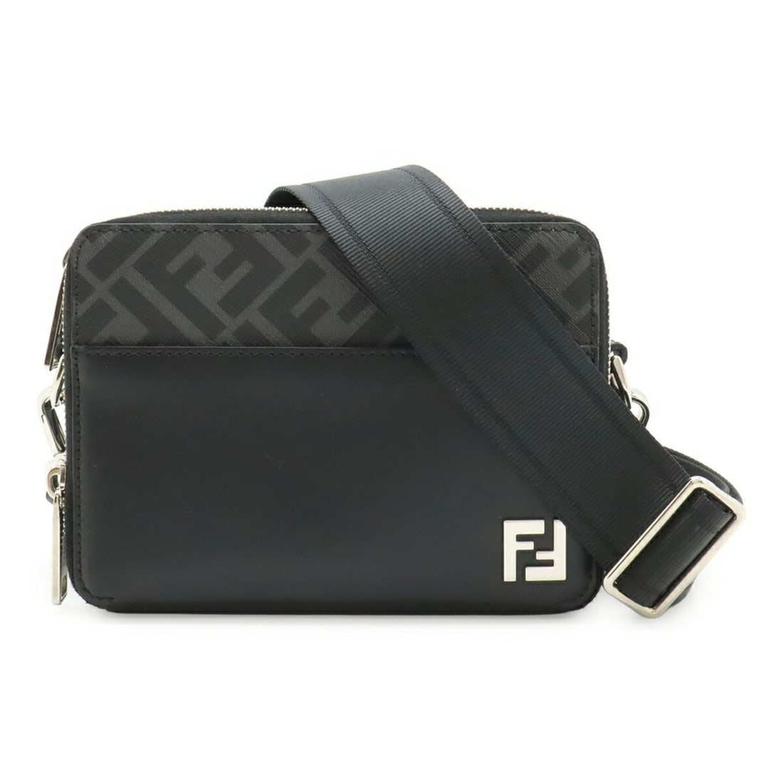 FENDI Square FF Zucca Pattern Camera Case Shoulder Bag Clutch Leather Black Gray 7M0357: --- Catalog ---Category: SizeWeight: 480g / 1.05lb.Size (HxWxD): 12.5cm x 17cm x 6cm / 4.92'' x 6.69'' x 2.36''Strap Length: 171cm / 67.32''Category: DesignType: Shoulder bagColor: Black, GrayGender: 