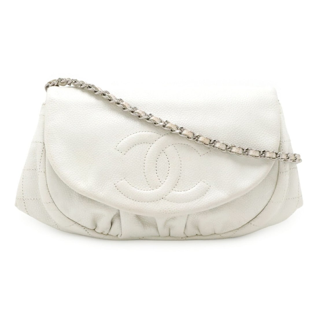 CHANEL Half Moon Coco Mark Wallet Chain Shoulder Bag Pouch Caviar Leather White A40033: --- Catalog ---Category: SizeSize (HxWxD): 14.5cm x 3cm / 5.7'' x 1.18''Category: DesignType: Pochette, Shoulder bagColor: WhiteGender: WomenMaterial: Grained Calfskin Category: GeneralMPN: A40033Bran