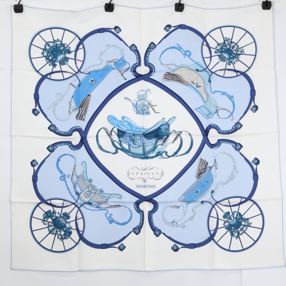 HERMES 001573S 36 SPRINGS Silk Carre 90 Scarf/Muffler Blanc Ciel Marine Women's (1 of 16)