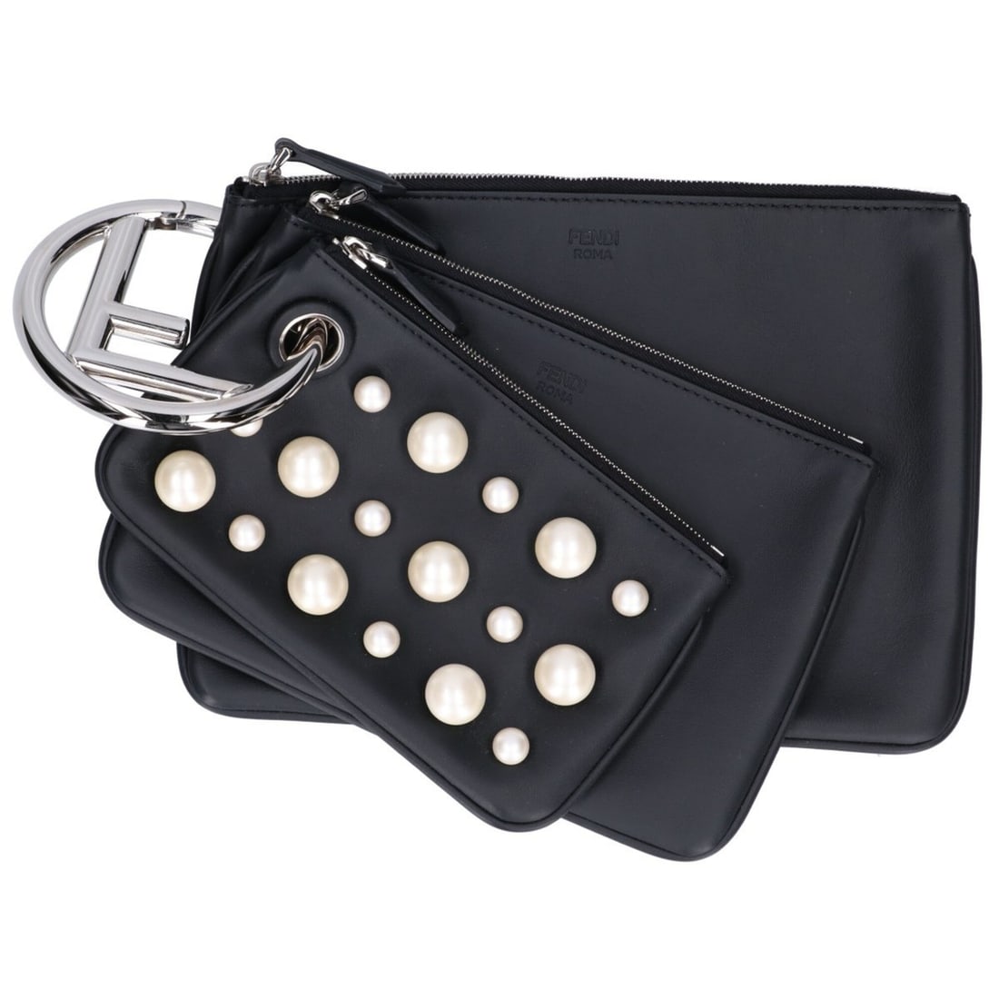 FENDI (Fendi) Excellent Condition 8BS001 Pearl Stud Triplet Pouch Multi Clutch Bag Second Black (1 of 17)