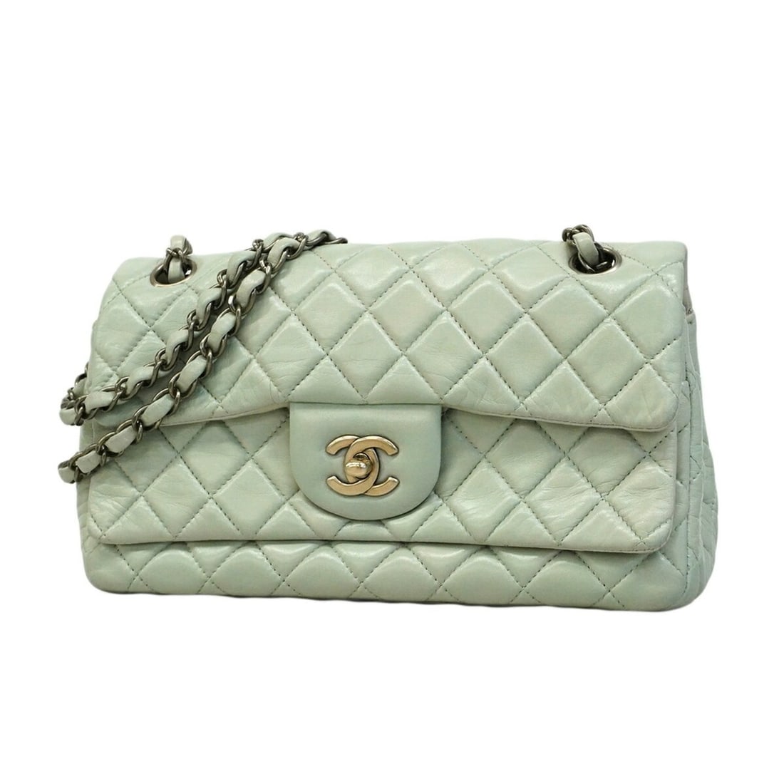 Chanel Matelassé Shoulder Bag, Double Flap, Chain, Lambskin, Light Green, Women's: --- Catalog ---Category: SizeSize (HxWxD): 15.5cm x 24cm x 7cm / 6.1'' x 9.44'' x 2.75''Category: DesignType: Shoulder bagColor: Light greenGender: WomenMaterial: Leather Hardware Color: GoldLeather/F