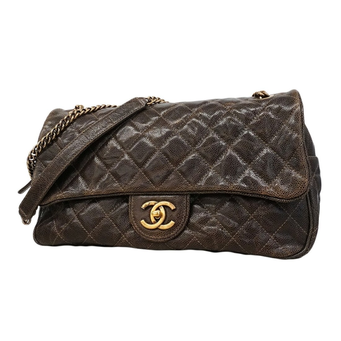 Chanel Matelassé Shoulder Bag, Double Chain, Caviar Leather, Brown, Women's: --- Catalog ---Category: SizeSize (HxWxD): 20cm x 32cm x 7cm / 7.87'' x 12.59'' x 2.75''Category: DesignType: Shoulder bagColor: BrownGender: WomenMaterial: Grained Calfskin Hardware Color: GoldCatego