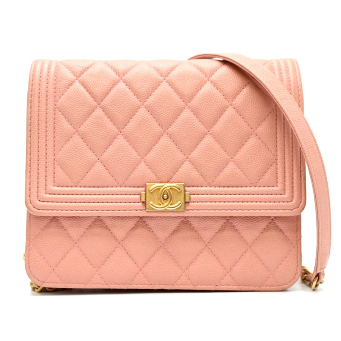 Chanel Boy Women's Wallet Chain, Caviar Leather, Pink: --- Catalog ---Category: SizeSize (HxWxD): 14cm x 17cm x 3.5cm / 5.51'' x 6.69'' x 1.37''Category: DesignType: Chain/Shoulder walletColor: PinkGender: WomenMaterial: Grained Calfskin Category: