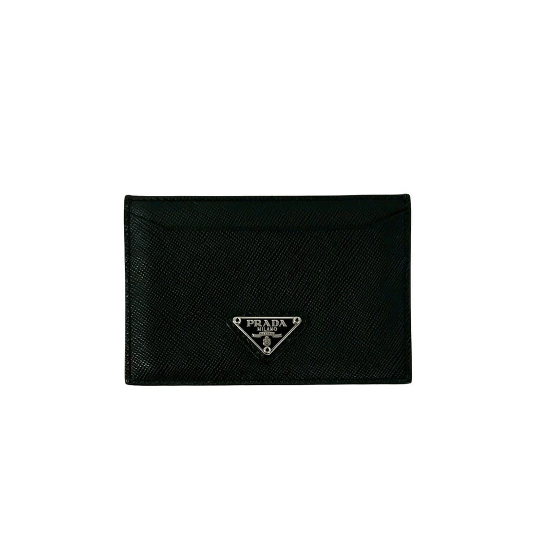 PRADA Saffiano Leather Business Card Holder/Card Case/Pass Case with Triangle Logo Plate and: --- Catalog ---Category: DesignType: Card caseColor: BlackGender: WomenMaterial: Leather Category: GeneralBrand: PradaCategory: Physical PropertiesSize (HxWxD): 7cm x 10.5cm / 2.75'' x 4.13''--- Item 
