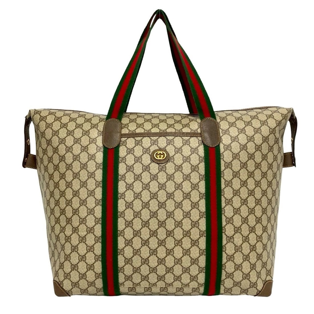 GUCCI Vintage Sherry Line GG Logo Hardware Leather Tote Bag Boston Brown 46708: --- Catalog ---Category: SizeSize (HxWxD): 38cm x 40cm x 20.5cm / 14.96'' x 15.74'' x 8.07''Category: DesignType: Boston bag, Tote bagColor: Brown, Green, Red colorGender: WomenMaterial: Leather , PVC