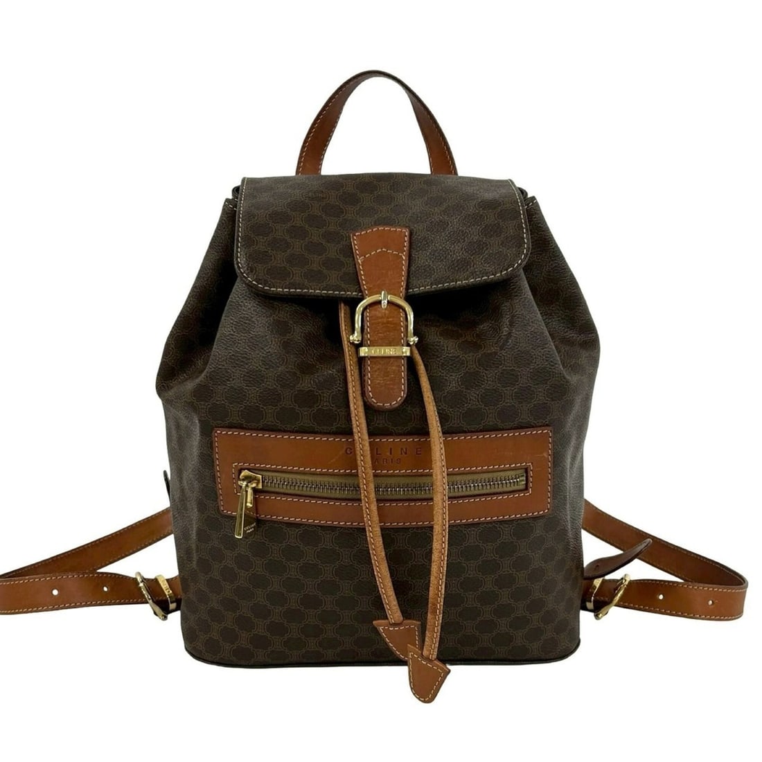 CELINE Vintage Macadam Blazon Pattern Leather Backpack/Daypack, Brown, 98465: --- Catalog ---Category: SizeSize (HxWxD): 28cm x 24cm x 14cm / 11.02'' x 9.44'' x 5.51''Category: DesignType: BackpackColor: BrownGender: WomenMaterial: PVC , Leather Category: GeneralBrand: Celine--