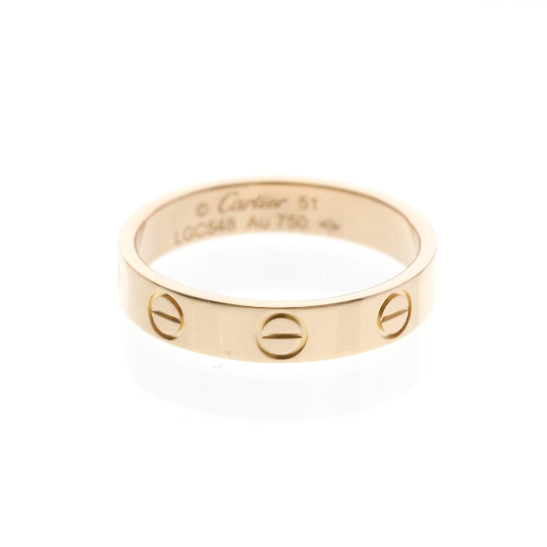 Cartier Mini Love Ring Pink Gold (18K) Fashion No Stone Band Ring Pink Gold: --- Catalog ---Category: SizeWidth: 3.7mm / 0.15''Weight: 3.2g / 0.11oz.JP Size: 11US Size: 5 3/4Brand Size: 51Category: DesignType: Band ringColor: Pink goldMetal: GoldStone: No StoneStyle: FashionGe