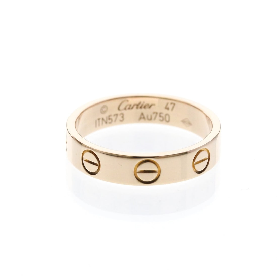Cartier Mini Love Ring Pink Gold (18K) Fashion No Stone Band Ring Pink Gold: --- Catalog ---Category: SizeWidth: 3.6mm / 0.14''Weight: 2.9g / 0.1oz.JP Size: 7US Size: 4Brand Size: 47Category: DesignType: Band ringColor: Pink goldMetal: GoldStone: No StoneStyle: FashionGender: 