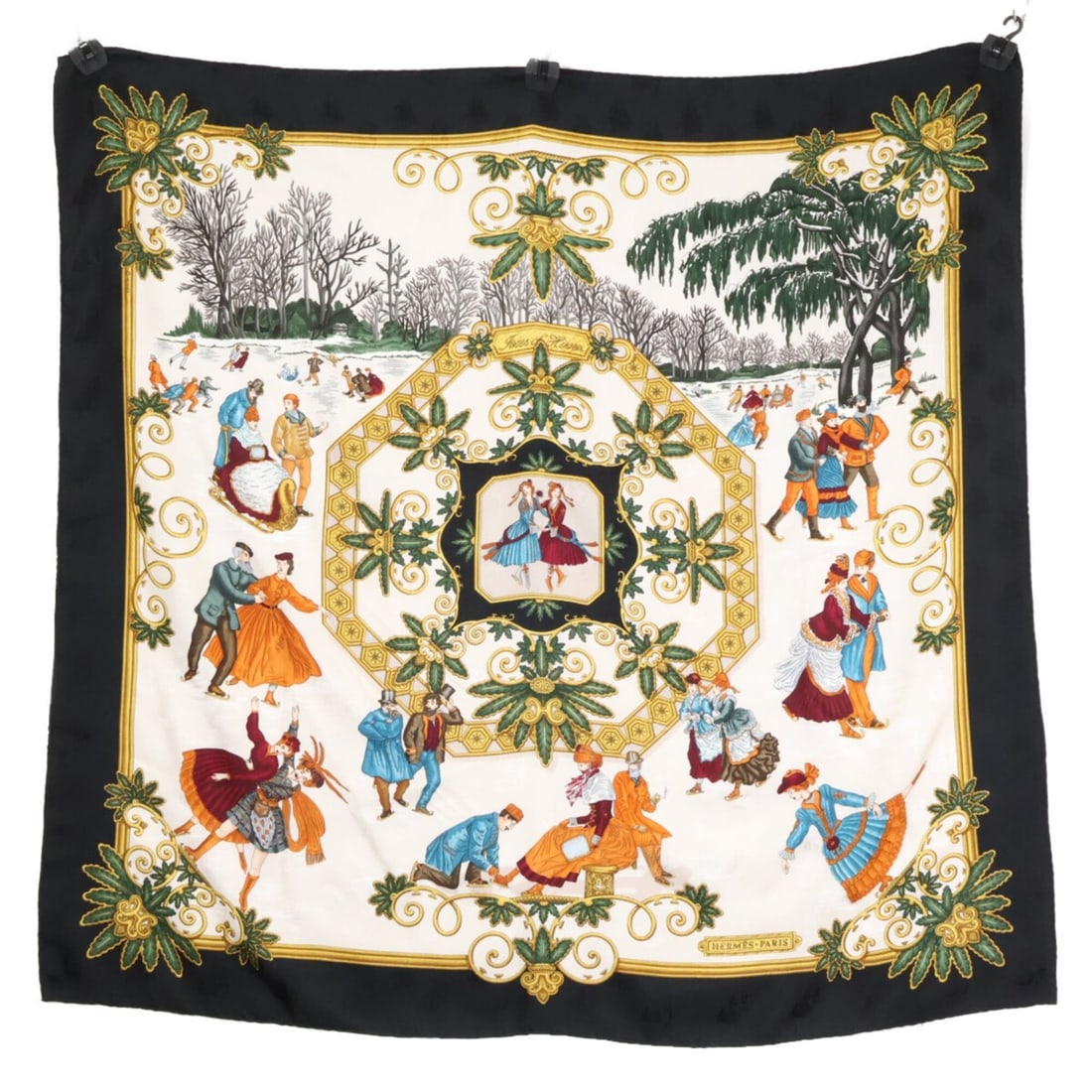 HERMES Joies d'Hiver Winter Pleasures Silk Carre 90 Scarf/Muffler Black Women's: --- Catalog ---Category: SizeSize (LxW): 87cm x 90cm / 34.25'' x 35.43''Category: DesignType: ScarfColor: BlackGender: WomenMaterial: Silk Category: GeneralBrand: Hermes--- Item List ---Section: Condi