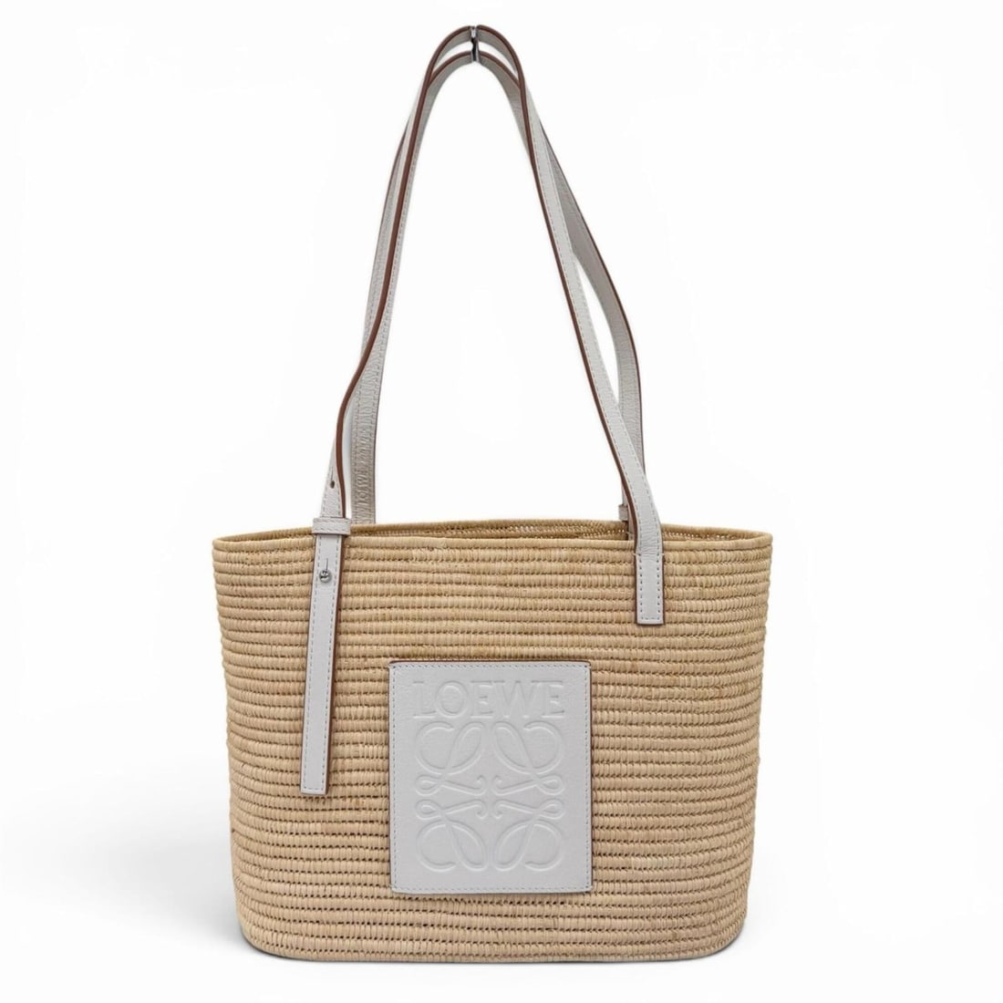 LOEWE A223099X08 Anagram Square Basket Small Raffia Leather Handbag, Natural White, Women's, with (1 of 20)