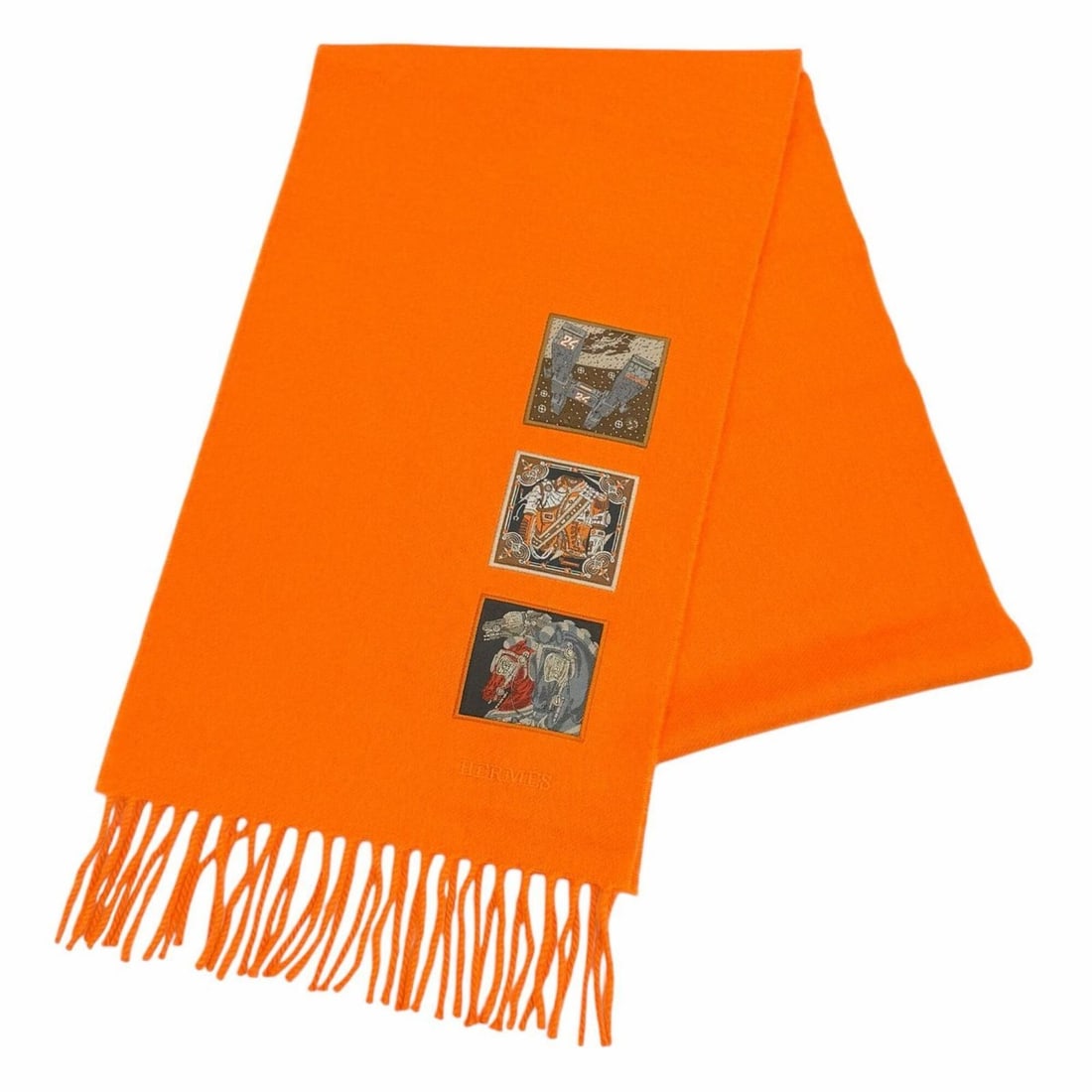 HERMES 100% Cashmere Stole/Scarf, purchased June 2024, Orange, Badge Soie logo embroidered, fringed, (1 of 20)